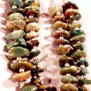 BLOODSTONE GEM DOUBLE STRAND OF 1/2 INCH STONES, STERLING SILVER BEADS, TAG ON,